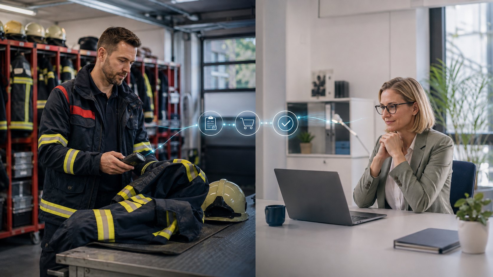Feuerwehrmann meldet einen Bedarf digital am Scanner, Sachbearbeiterin in der Verwaltung prüft und bearbeitet denselben Vorgang am Laptop