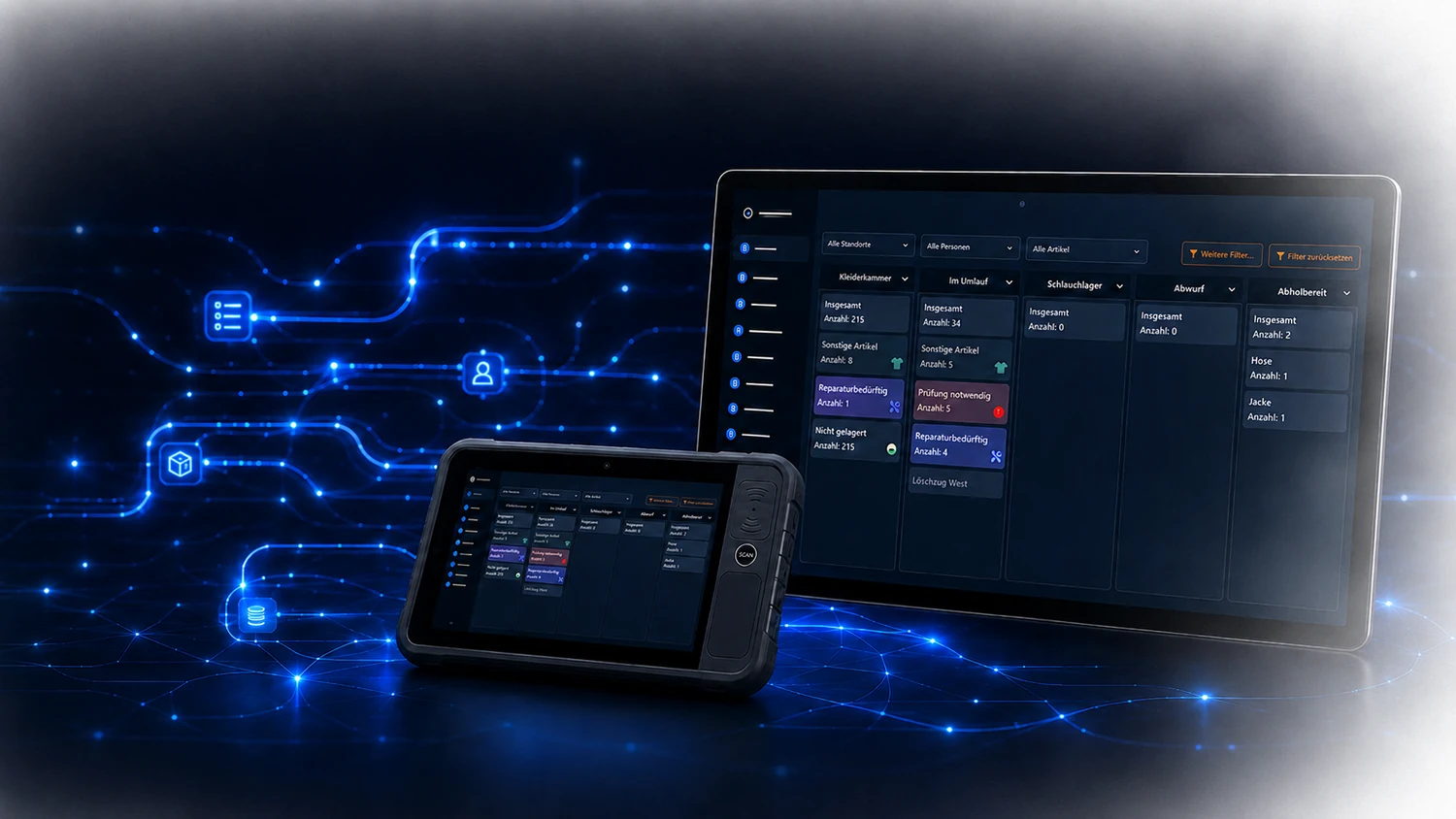 Monitor und Tablet mit Softwareoberfläche in einer vernetzten Prozessdarstellung als Sinnbild für individuelle App-Entwicklung