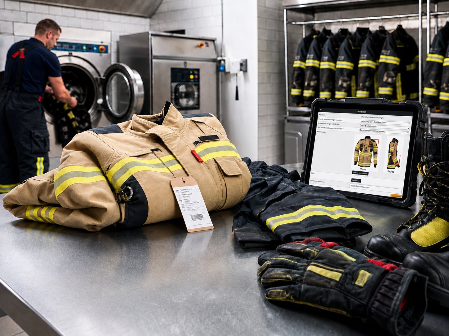 Feuerwehr-Schutzkleidung mit Prüfetikett wird am Tablet mit Schadensmarkierung dokumentiert