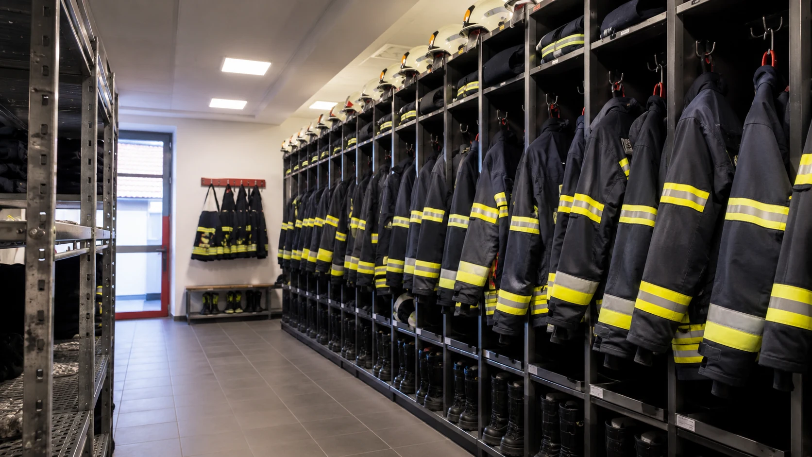Geordnete europäische Feuerwehr-Kleiderkammer mit Helmen, Jacken und Stiefeln in Standardaufstellung