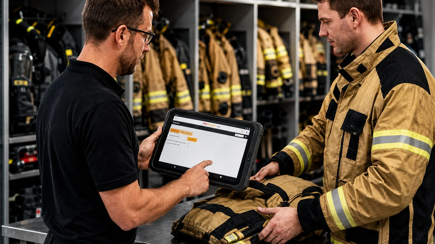 Praxisprüfung von Feuerwehr-PSA mit einem robusten Tablet in der Kleiderkammer