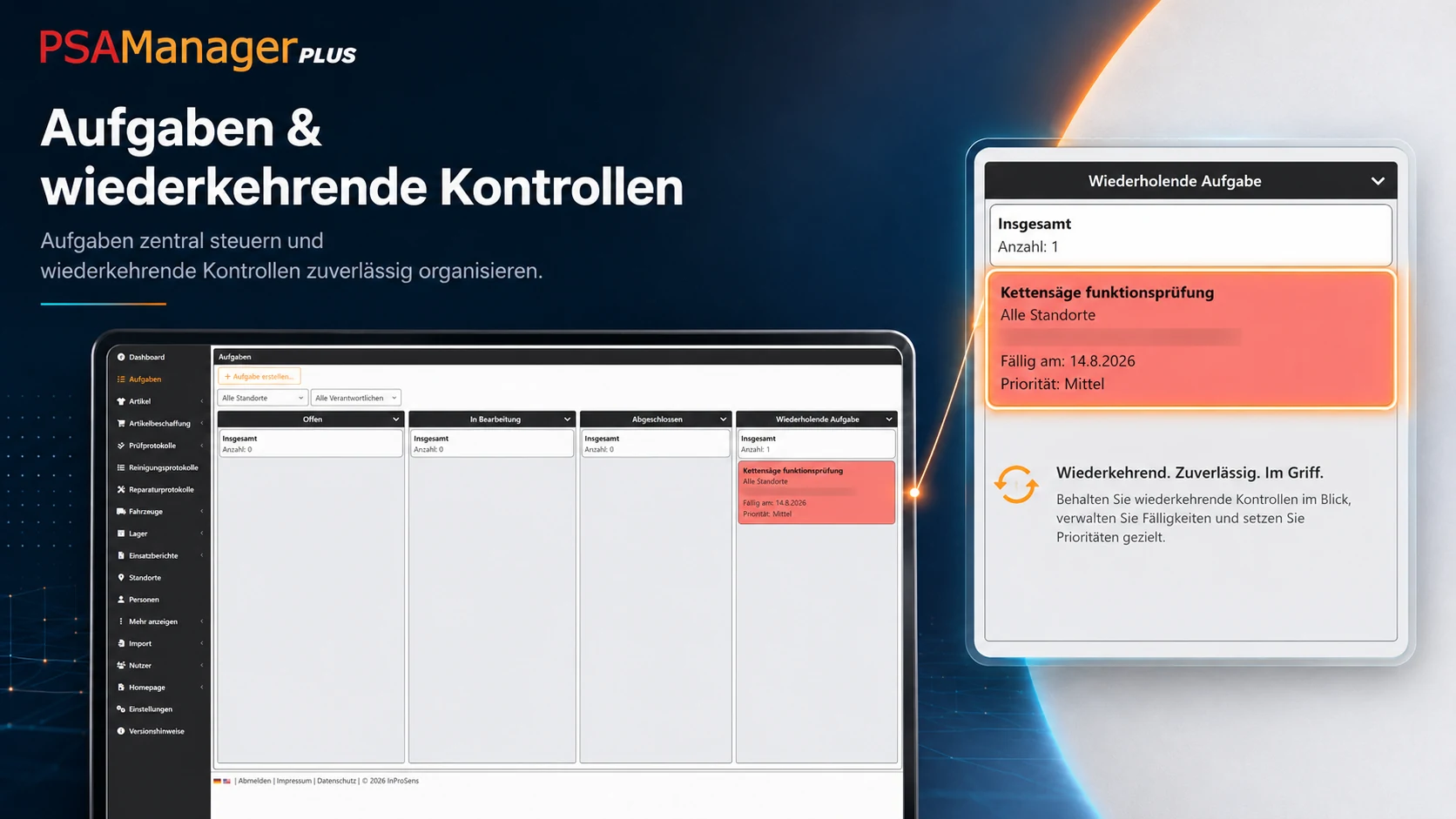 PSA Manager Plus Aufgabenverwaltung – echte Softwareansicht mit hervorgehobener wiederkehrender Kontrolle