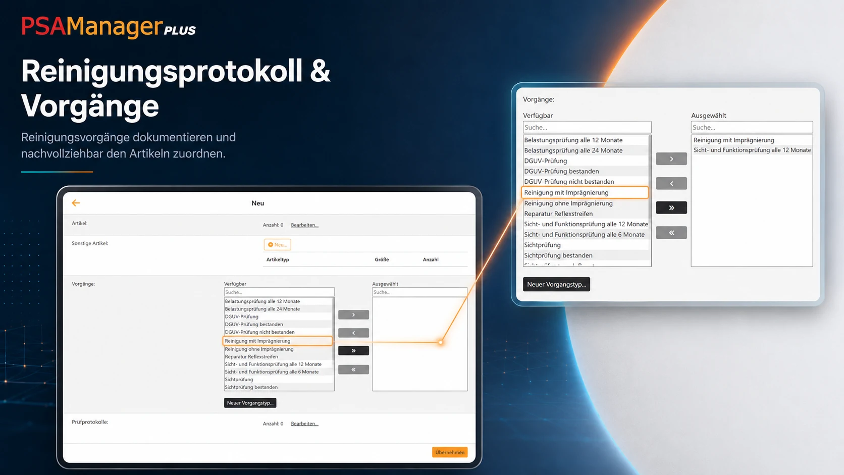 PSA Manager Plus Reinigungsprotokoll – echte Softwareansicht mit hervorgehobener Auswahl und Zuordnung von Reinigungsvorgängen