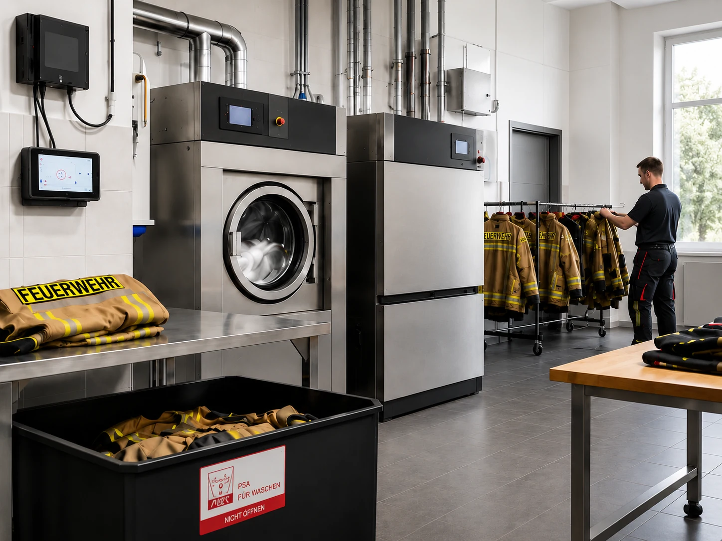 Moderne Spezialwäscherei mit Feuerwehr-PSA, industriellen Waschmaschinen und aufbereiteter Einsatzkleidung.