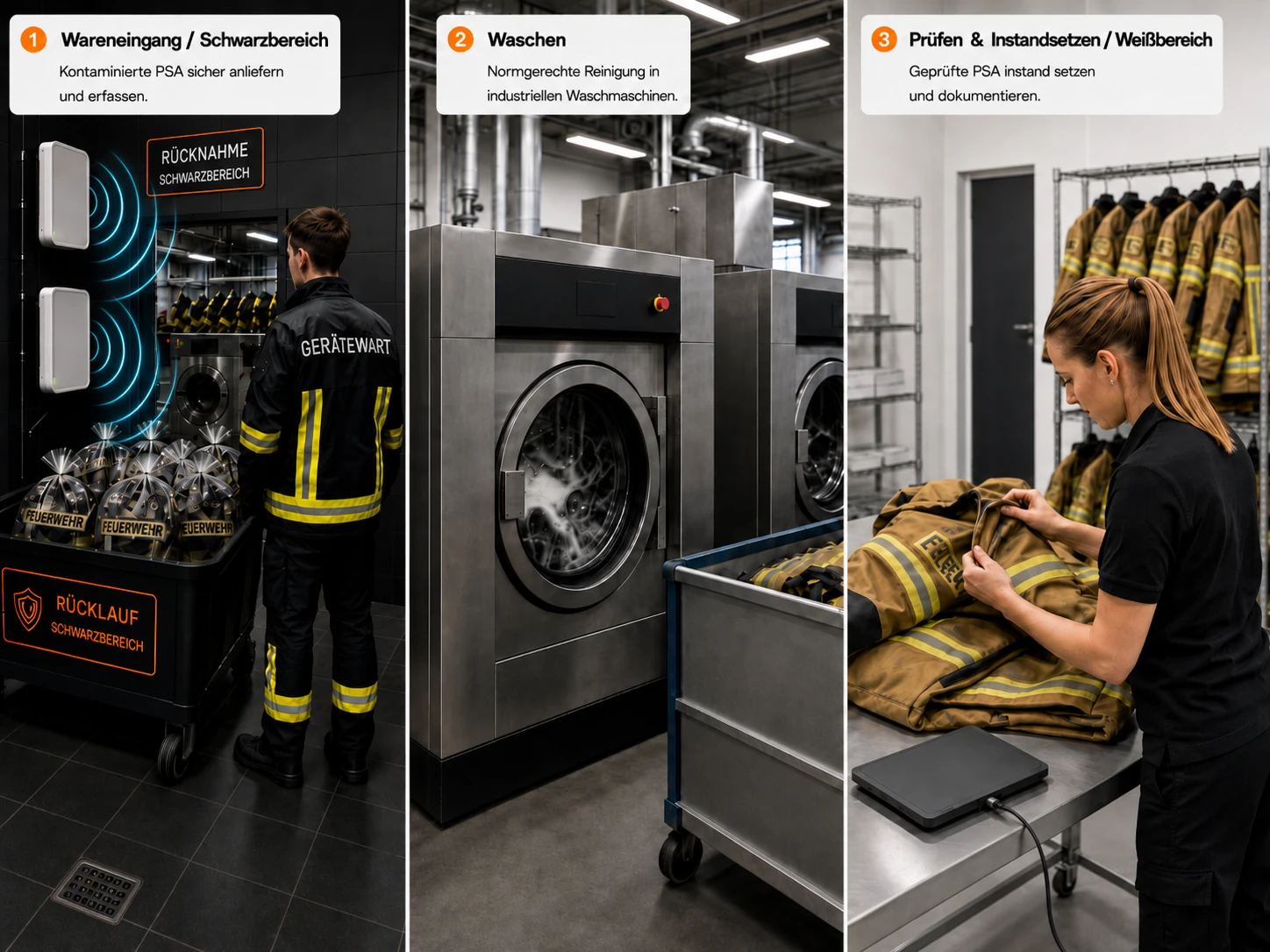 Dreistufiger Prozess in der Feuerwehr-PSA-Aufbereitung: Wareneingang im Schwarzbereich, Waschen und Prüfen im Weißbereich.