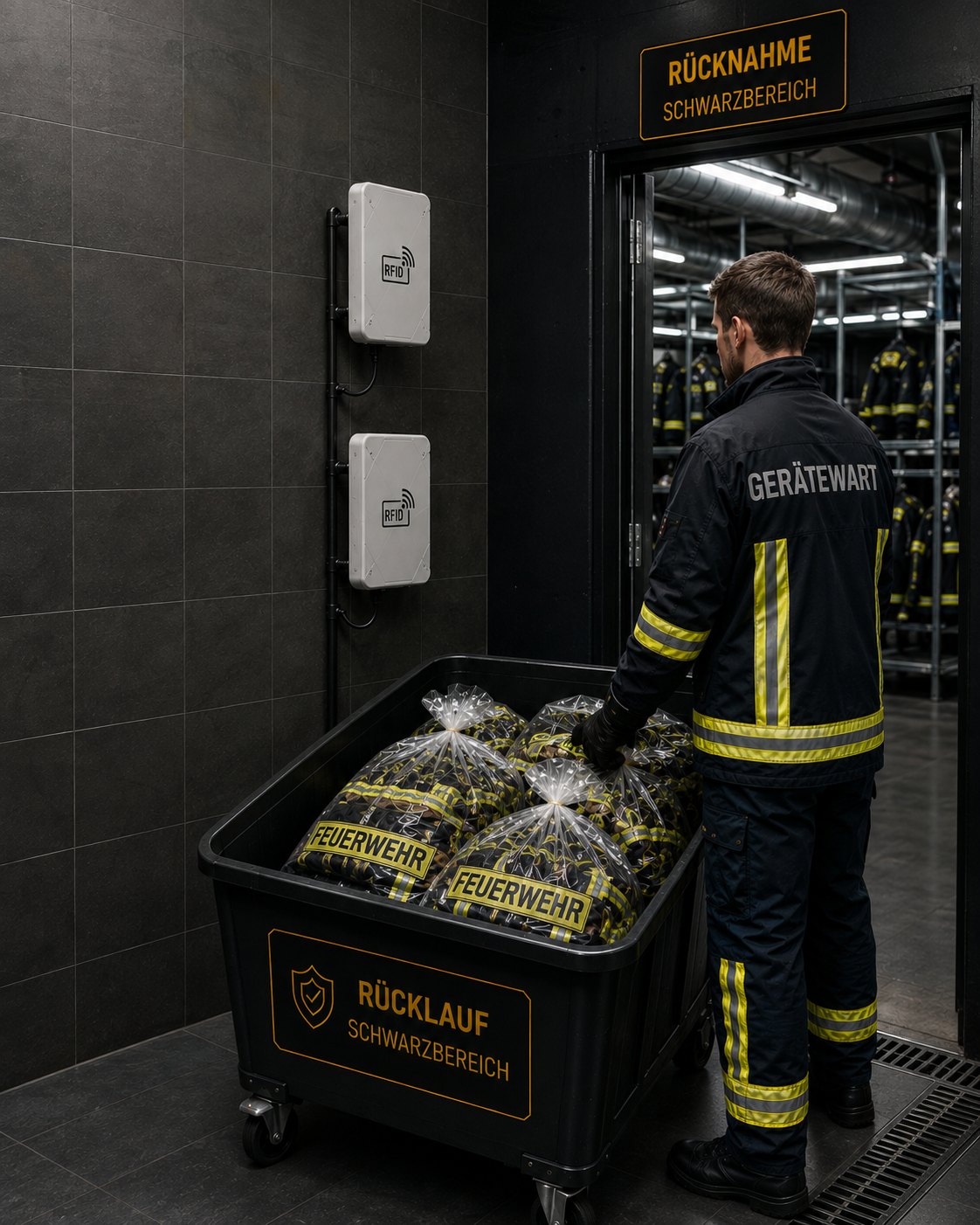 Rücknahmebereich mit verpackter gebrauchter PSA im Schwarzlager
