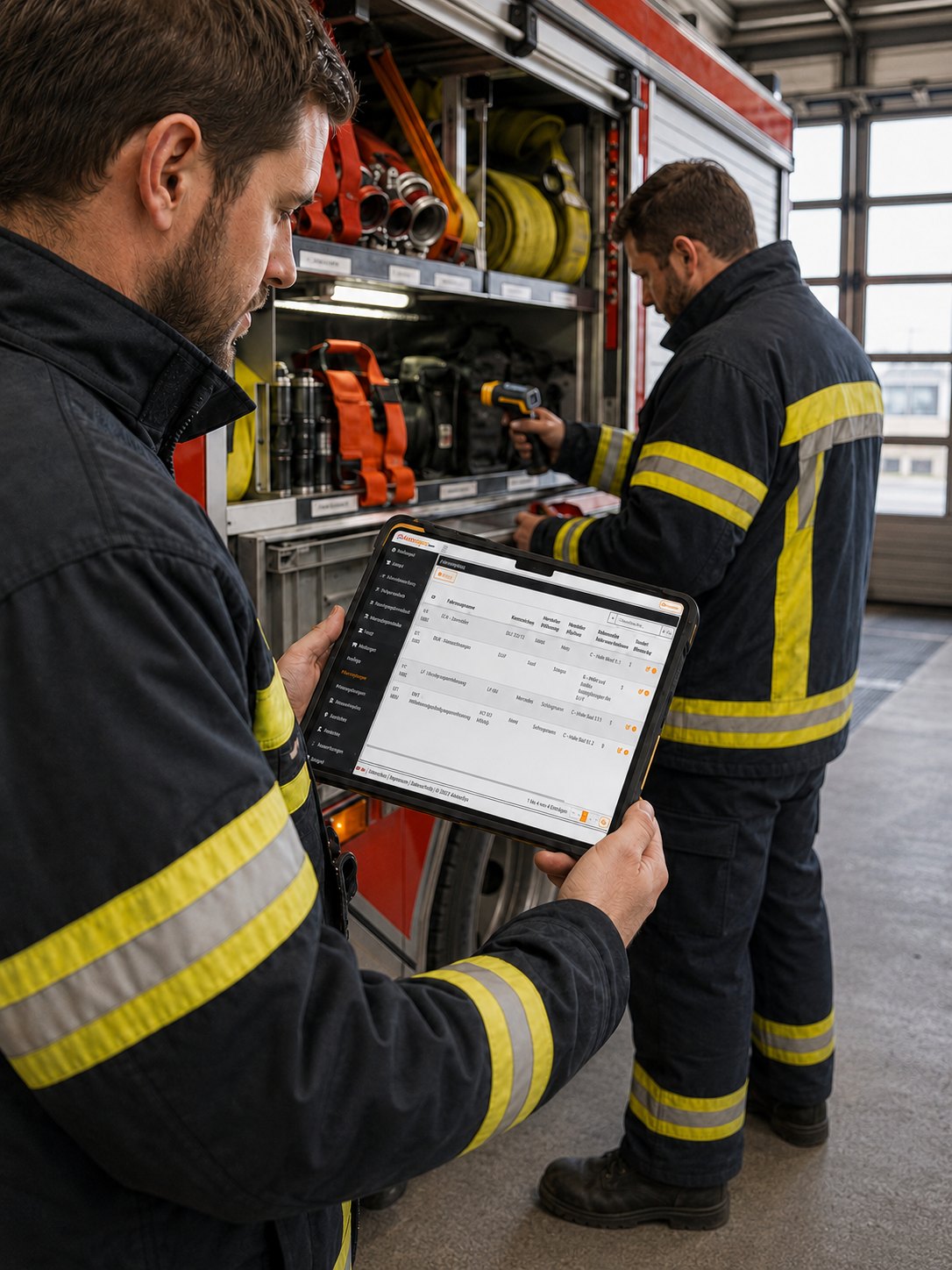 Robustes Tablet bei der Inventur am Feuerwehrfahrzeug